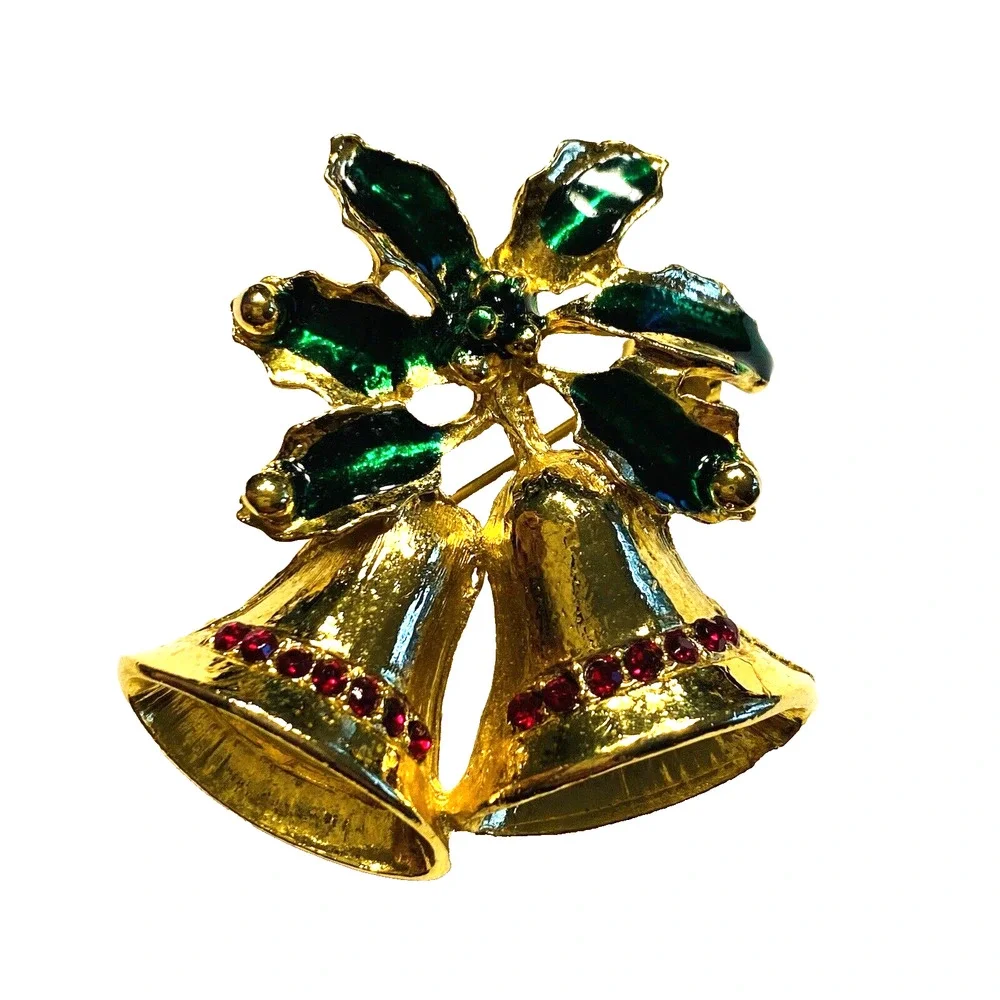 Vintage Christmas Brooch Goldtone Bells Motif Festive Holiday Pin Green Holly